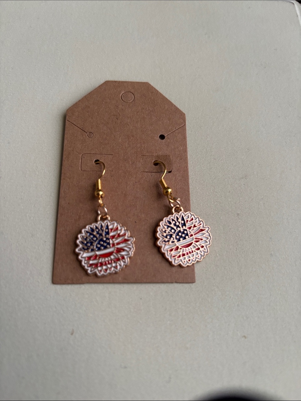Hand Crafted Gold Sunflower Earrings with Red, White & Blue Flag Detail
